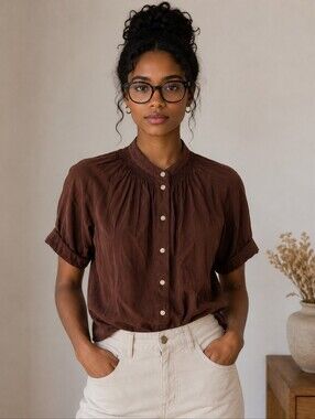 PART TWO COPENHAGEN BROWN SATIN BLOUSE SIZE 34 ELEGANT BUTTON FRONT TOP